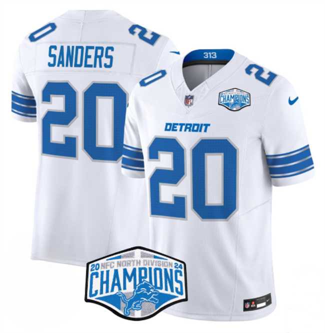 Men%27s Detroit Lions #20 Barry Sanders White 2024 NFC North Champions F.U.S.E. Vapor Limited Stitched Jersey